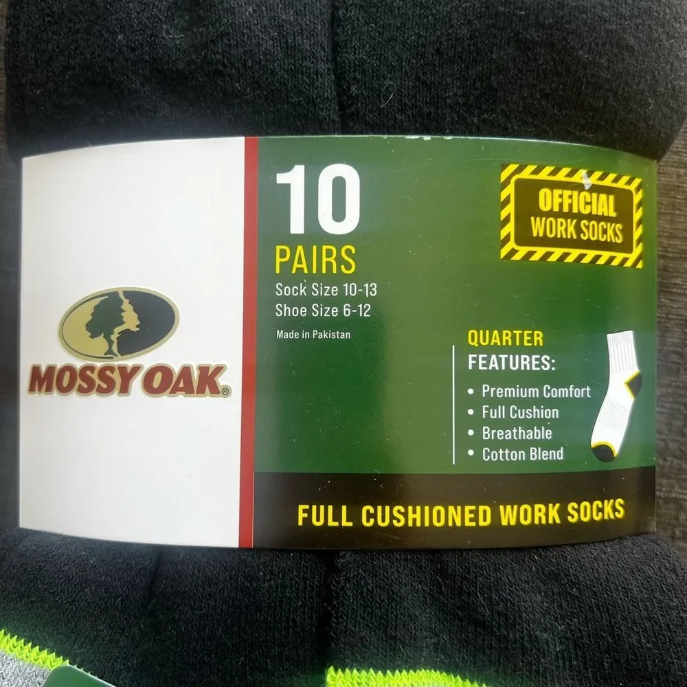 Mossy Oak Men's Black and Gray Cushioned Quarter Work Socks 10 Pairs  Size 10-13